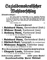Wahlinserat der SP Adliswil zur Gemeindewahl im April 1928